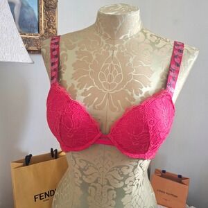 Victoria's Secret Red Lace Push Up Bra Rhinestone Cherry Straps 34A